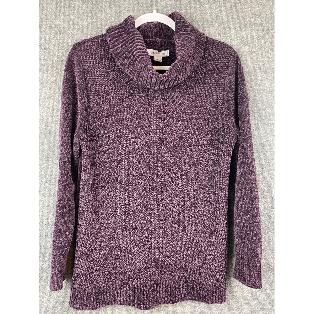 Liz Claiborne Cowl Neck Sweater Women L Purple Chenille Knit Pullover